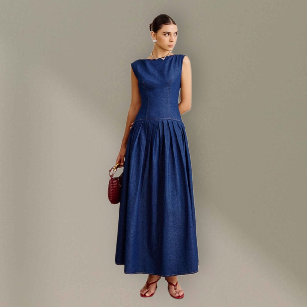 NWT Commense Faux Denim Sleeveless Pleated Maxi Dress XS - M SOLD OUT - Picture 2 of 8